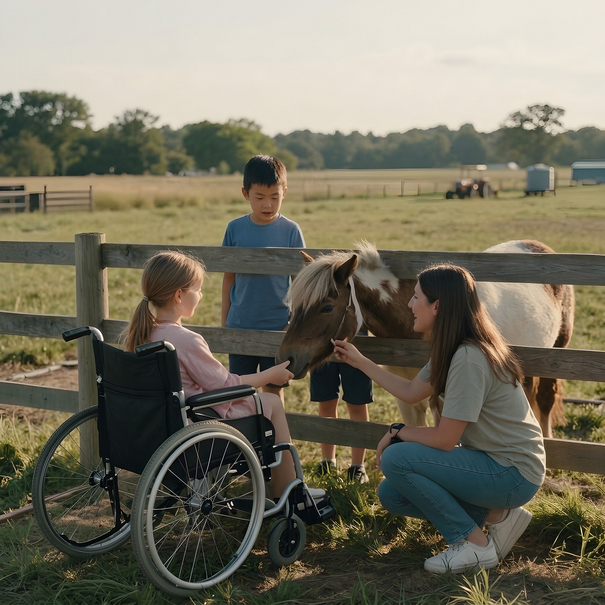 Eine Betreuerin und zwei Kinder, ein Mädchen im Rollstuhl, streicheln ein Pony am Weidezaun