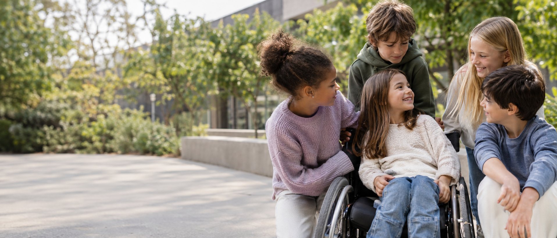 Fünf Kinder lachen gemeinsam draußen, ein Mädchen im Rollstuhl in ihrer Mitte